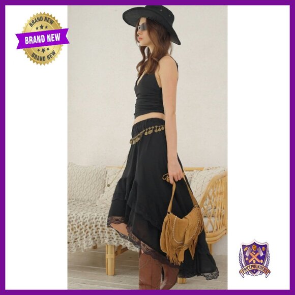 Western Boho Lace Ruffle Asymmetrical Maxi Skirt Flowy Festival - Picture 8 of 8